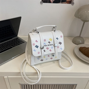 Women Mini White Backpack Cartoon Letter Print PU Leather Handbag Small Square Bag With Plush Pendant Adjustable Strap Fashion