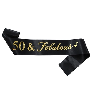 Elegant 50 and Fabulous black satin birthday sash with gold foil lettering for celebrations