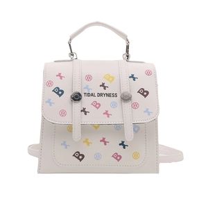 White mini backpack with colorful letter prints and black Tidal Dryness slogan logo