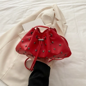 Fashion Women Studded Bucket Bag Large Capacity PU Leather Drawstring Shoulder Crossbody Bag Punk Style Solid Color Daily Purse