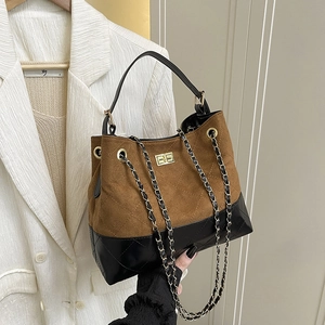Women's Retro Contrast Stitching PU Leather Shoulder Bag Large Capacity Quilted Chain Tote Bag With Metal Lock Handbag