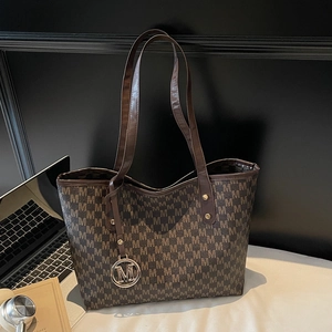 Large Capacity Women Letter Print Tote Bag Retro PU Leather Monogram Commuter Shoulder Bag With Metal Pendant
