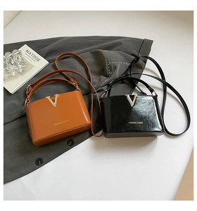 Detail of luxury minimalist handbags in black and caramel with golden V hardware