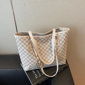 Vintage large capacity tote bag with grey M-letter monogram print on creamy white leather