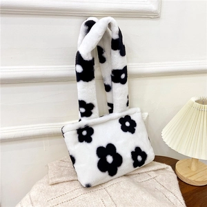 Sac à main en peluche à motif de fleurs noir et blanc pour l'automne et l'hiver