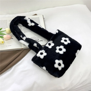 Sac à épaule en peluche à motif floral noir et blanc pour la saison automne-hiver