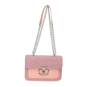 Pink sequin textured crossbody bag with silver metal chain strap and oval twist lock