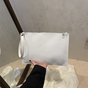 Minimalist white faux leather envelope clutch bag with silver zipper and wrist strap