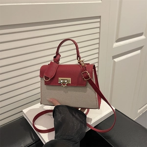 Women Elegant Colorblock Handbag PU Leather Canvas Stitching Shoulder Bag With Metal Lock Buckle Fashion Crossbody Bag