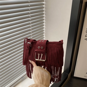 Retro Faux Suede Tassel Shoulder Bag For Women Bohemian Fringe Messenger Bag With Large Metal Buckle Vintage Biker Style