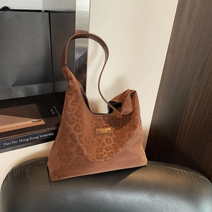 Large Capacity Leopard Print Suede Shoulder Bag Retro Fashion Tote Bag For Women Casual Commuting Daily Shopping Handbag