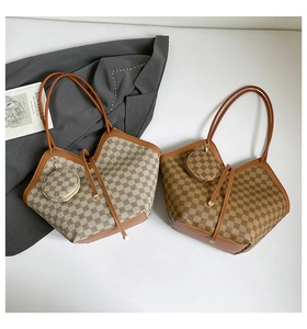 Detailed top view of plaid tote bag set with matching coin purse and stylish urban props