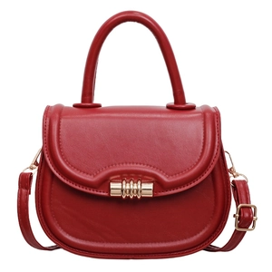 Minimalist dark red PU leather saddle bag with gold hardware and top handle for women