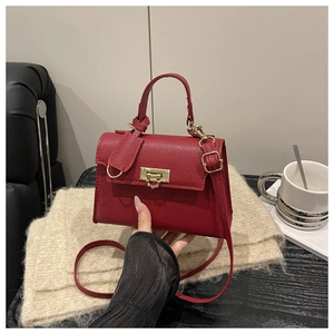 Detailaufnahme der roten kleinen Tasche aus Litschileder mit goldener Schnalle und Griff