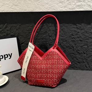 Red plaid tweed tote bag with long leather handles and contrast color bucket design