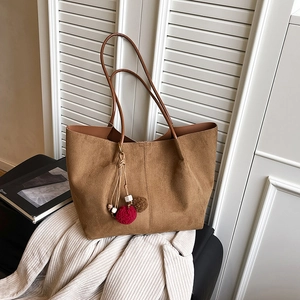 Women Minimalist Suede PU Leather Large Capacity Tote Bag Solid Color Commuter Shoulder Bag With Pompom Pendant Handbag