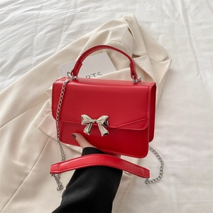 Fashion Bowknot PU Leather Shoulder Bag For Women Metal Chain Design Flap Small Square Crossbody Bag Elegant Handbag