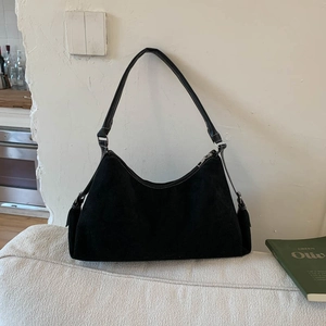 Retro black faux suede hobo bag with large capacity and minimalist shoulder strap design