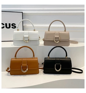Four elegant small square bags in white, khaki, brown, and black with D-shaped buckles