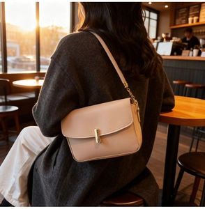 Close-up of minimalist beige leather bag with gold lock in soft café lighting scenario
