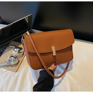 Detailed view of the brown retro flap bag with its elegant golden metallic buckle