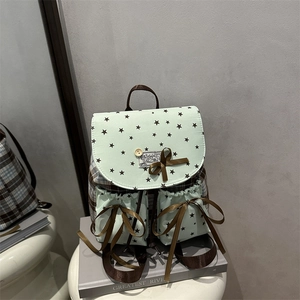 Korean Style Star Pattern Checkered Bow Sweet Women Backpack Large Capacity Student School Bag Fashion PU Travel Daypack