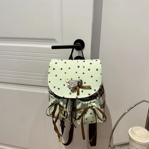 Japanese style star print plaid backpack with mint green pockets and bow decoration