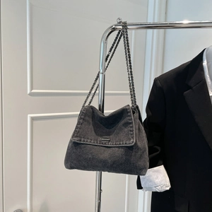 Vintage grey denim shoulder bag with metal chain strap and minimalist retro design