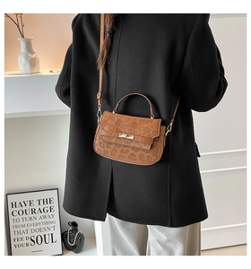 Detail of leopard print crossbody bag with metal clasp and slender shoulder strap
