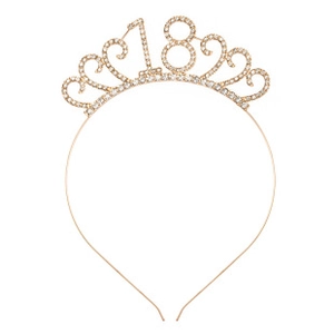 Macro view of rose gold 18th birthday headband featuring sparkling white rhinestones