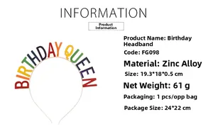 Detailed information about the Birthday Queen zinc alloy headband dimensions and material