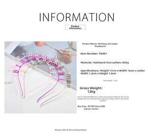 Detailed size chart and specifications for the metal Birthday Girl headband for kids