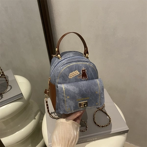 Mini Sac à Dos pour Femmes Mode Mignon Chat de Dessin Animé Imprimé en Cuir PU Denim Sac à Bandoulière Multi-Usage