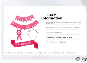 Detailed view of birthday girl set with banner, headband, sash, and medal badge accessory