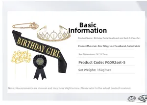 Detailed 5-piece birthday party set with rhinestone tiara, sash, and cake topper