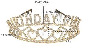 Dimensions détaillées du diadème Birthday Girl en cristal doré avec peignes latéraux
