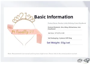 Detailed specifications for pink 21st birthday sash and rhinestone tiara gift set