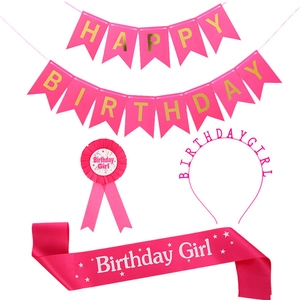 Detailed pink birthday girl party set including sash, tiara, badge, and banner kit