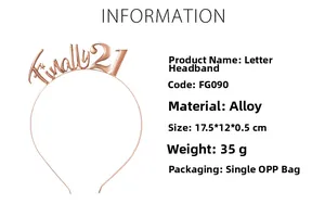 Detail showing dimensions and material specs of rose gold Finally 21 alloy birthday headband