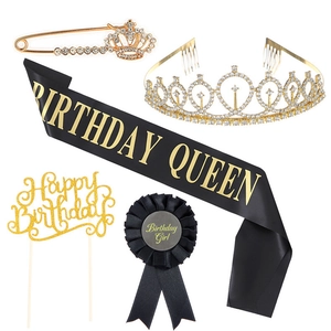 5-piece birthday set with crown, Birthday Queen sash, badge, pin and cake topper