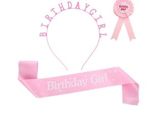 Pink Birthday Girl party set featuring a sparkling headband, satin sash and ribbon badge