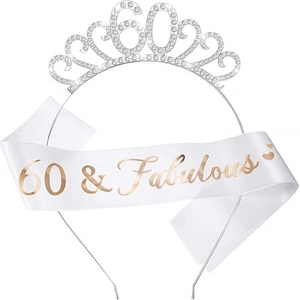 Couronne 60 ans argentée avec strass et ensemble écharpe satin 60 & Fabulous blanc