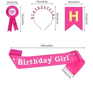 Size chart for rose red birthday party set including headband, badge, sash, and banner