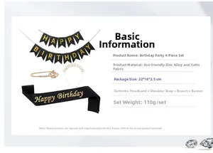 Detail of 4-piece birthday party set with sash, banner, headband and rhinestone brooch