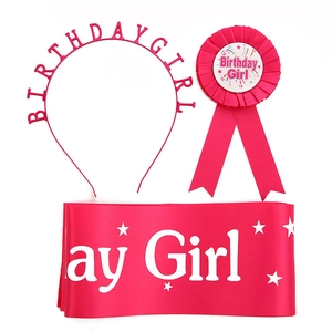 Three-piece rose red birthday girl party set with headband, sash, and award ribbon badge