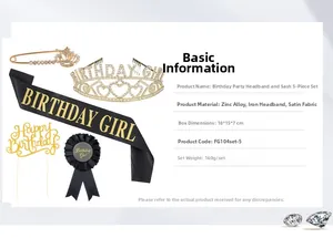 Five-piece black and gold birthday set with tiara, sash, badge and cake topper
