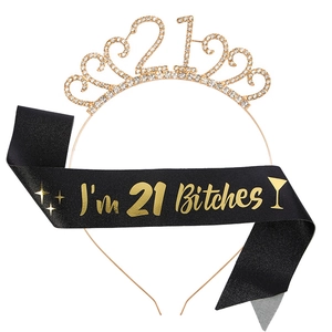Glittering 21st birthday set with gold rhinestone crown and black silk sash for women