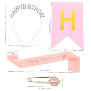 Detailed dimensions of Happy Birthday headband, sash, banner, and crown brooch set