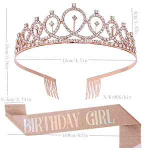 Detailed view of rose gold Birthday Girl sash and rhinestone crown with dimensions