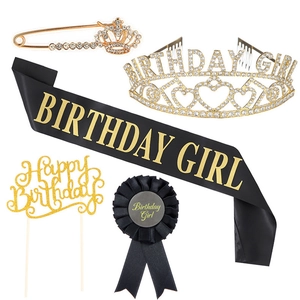 5-piece birthday girl set with rhinestone crown, sash, cake topper and badge decorations